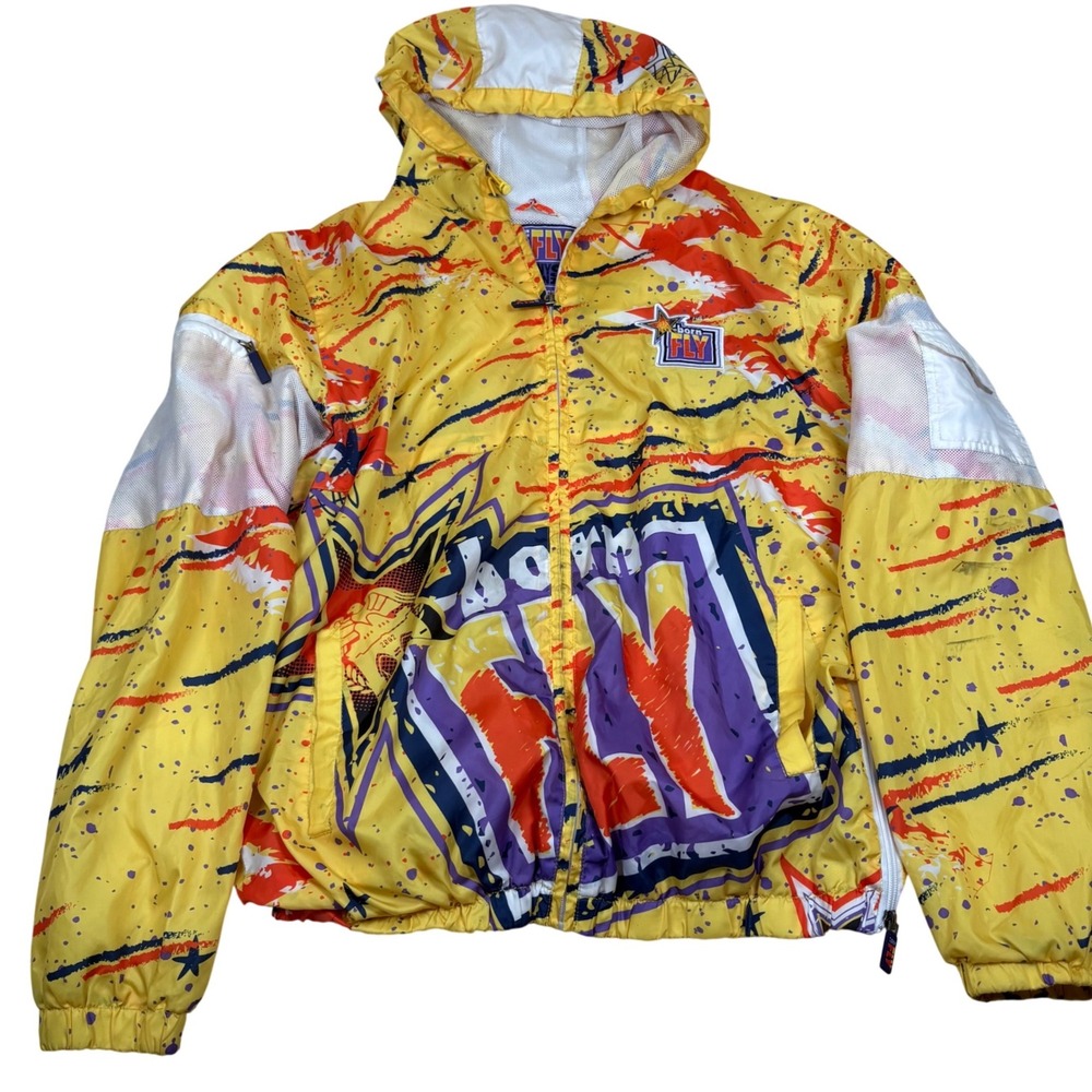 Born Fly Any Town USA Men Lg Yellow Graphic Graffiti Windbreaker Hooded Jacket